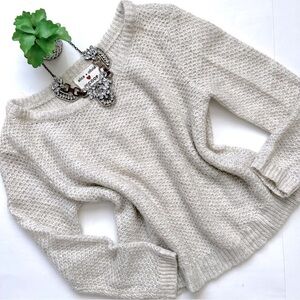 Alice + Olivia Scoop Light Grey Silver Sequin Open Knit Mohair Wool Sweater S